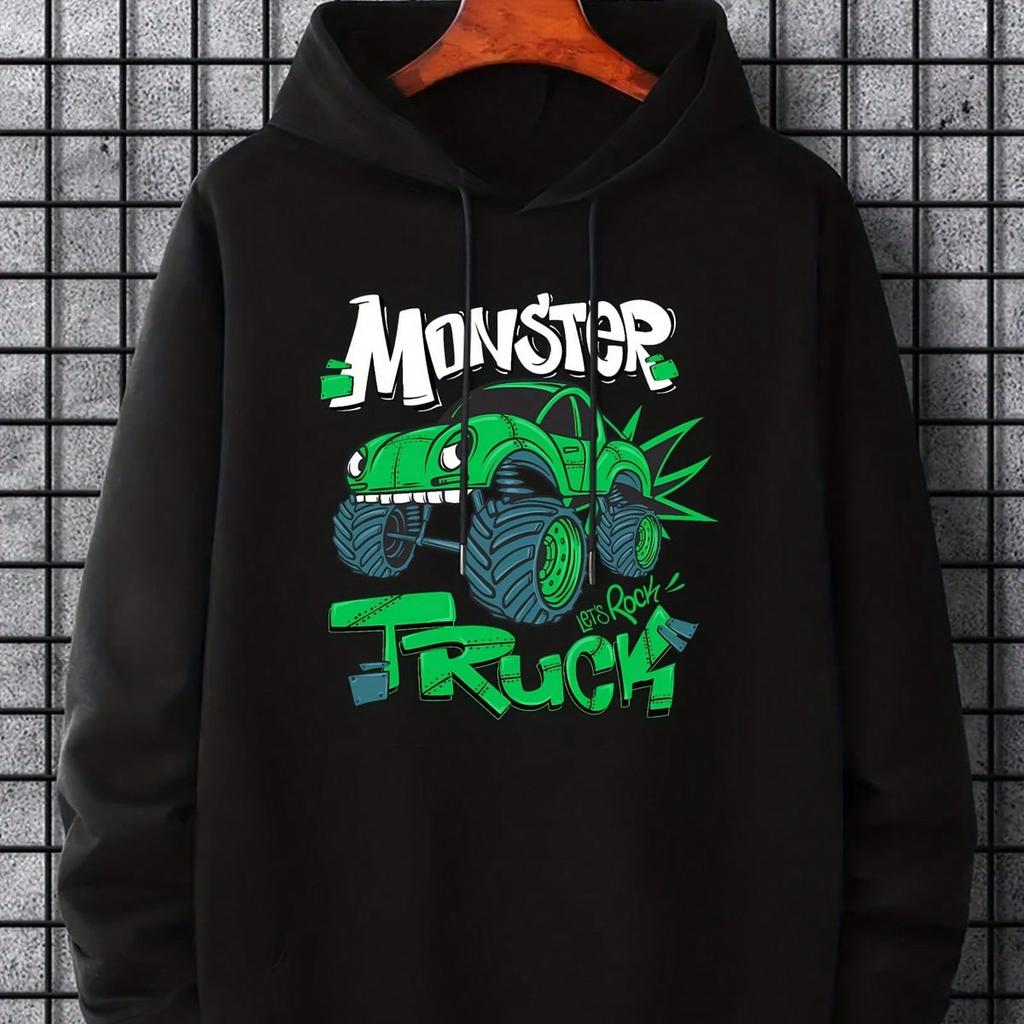 Men Front Print Hoodie, Monster Truck Cartoon Graffiti Off‑Road Car Graphic Hooded Sweatshirt, Racing Casual Loose Pullover Hoodie