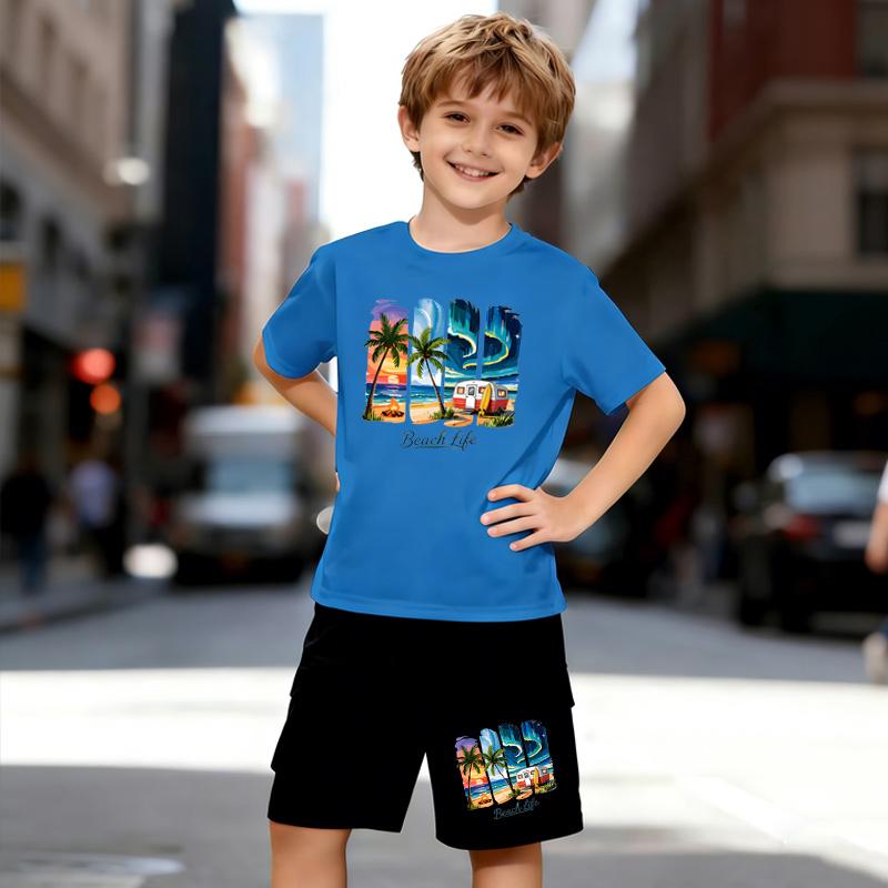 Boys 2 Piece Beach Printed Design Outfit, Short Sleeve T-Shirt and Shorts Set for Kids Age 5-14, Black and White Sporty Casual Summer Clothes