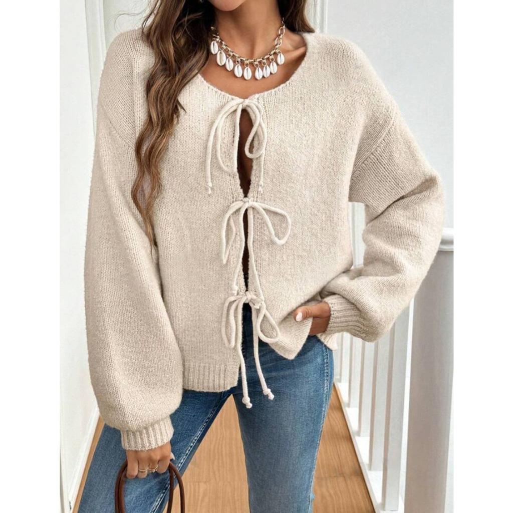 Autumn and Winter Women's Clothing, Casual, Loose Fitting, Cardigan, Tie Up, Solid Color Sweater