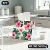 1pc Tissue Box, Tropical Floral/ Pink Hibiscus Leaves/ Bright Tropical Vibe Pattern, 2D Flat Printing, Crafted with Strong Polyester, Folds Flat, Tiss