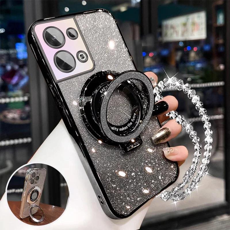 Glitter Crystal Bracelet Magnetic Holder Case For Oppo Reno12 Reno 12 Pro 13 11 F 11F 13F 12F 10 8 7 6 5 Pro Lite Bracket Cover