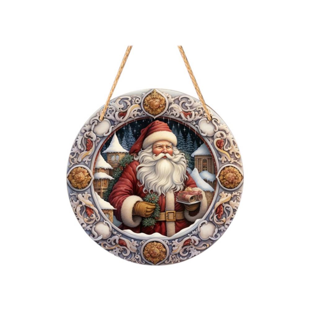 Wooden Santa Claus Porch Wreath Snow Scene Xmas Porch Decoration Hanging Home Fence Decor