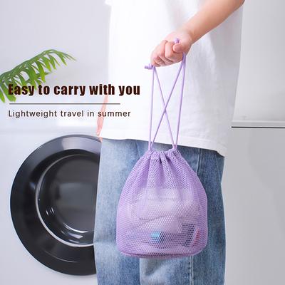 Bolsa de cosméticos de nailon de malla de gran capacidad para viaje, organizador, bolsas con cordón de malla informal plegable, paquete de cuerda, bolsa de lavado para natación con bolsillo