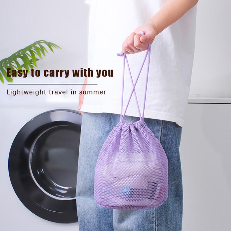 Travel Large Capacity Mesh Nylon Cosmetic Bag Organizer Foldable Casual Mesh Drawstring Bags Rope Bundle Pocket Swim Washing Bag