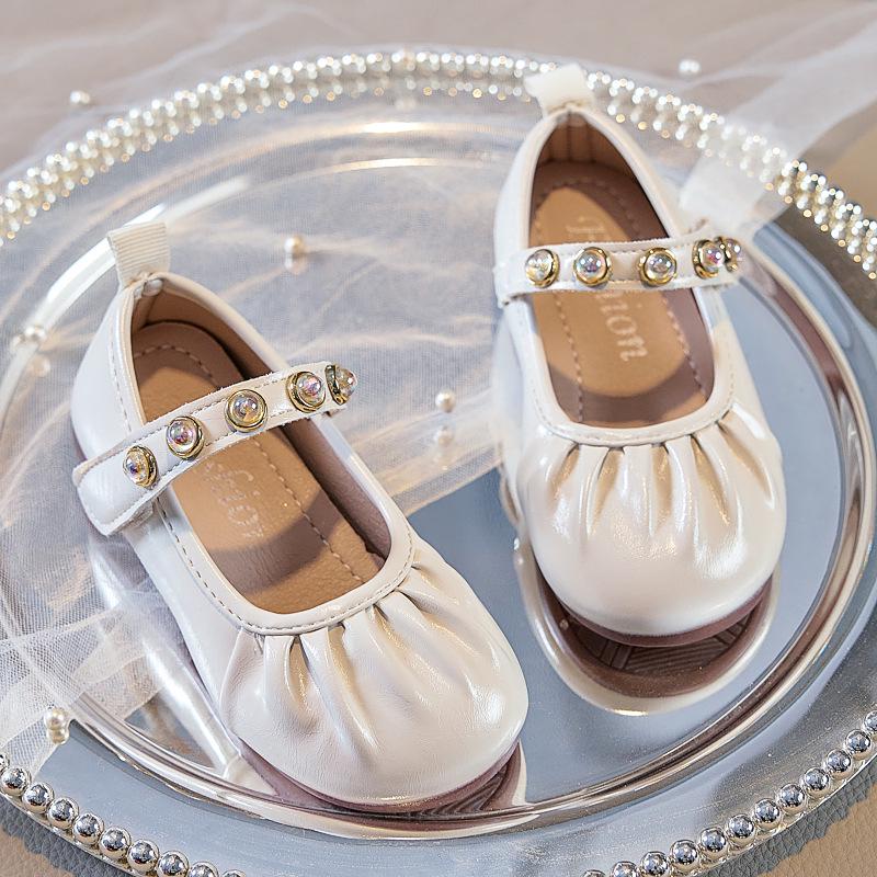 Dětské retro baleríny Mary Jane: Dívčí jednobarevné nízké princeznovské boty s kulatou špičkou, na suchý zip a s perličkami.