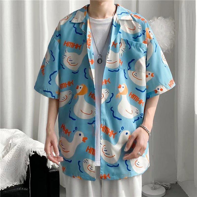 Summer Hawaiian Shirts For Men Hip Hop Mens Japanese Geisha Funny Printed White Pink Shirts Men Korean Casual Holiday Tops Shirt