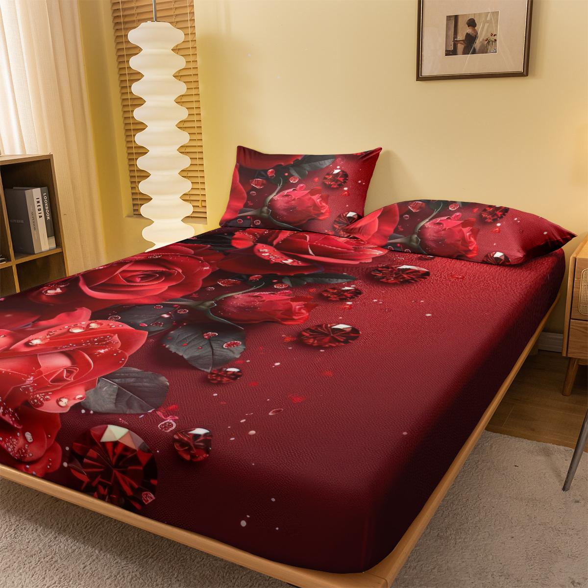 

1 Simple modern Plant Flower Red Rose digital printed frosted Fitted Sheet,bedroom printed bed cover,bedding(No pillowcase) 71x132cm