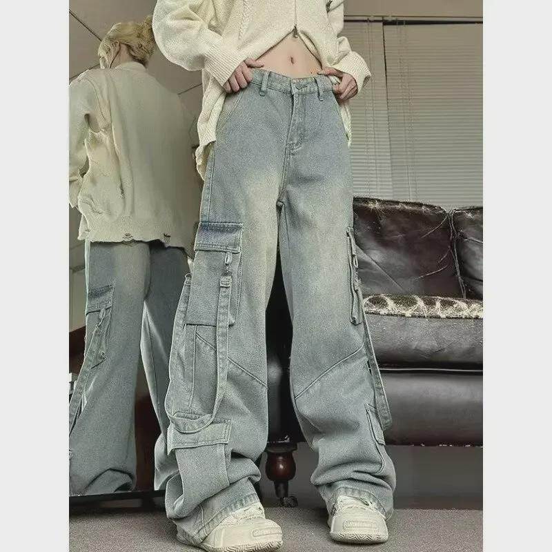 Women's Retro Loose Fit Multi-Pocket Wide-Leg Jeans