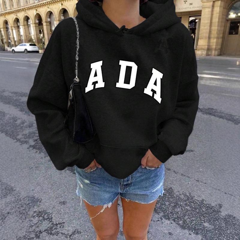 European & American Casual Loose Letter Hooded Sweatshirt - Women's Plus Velvet Warm Clothing