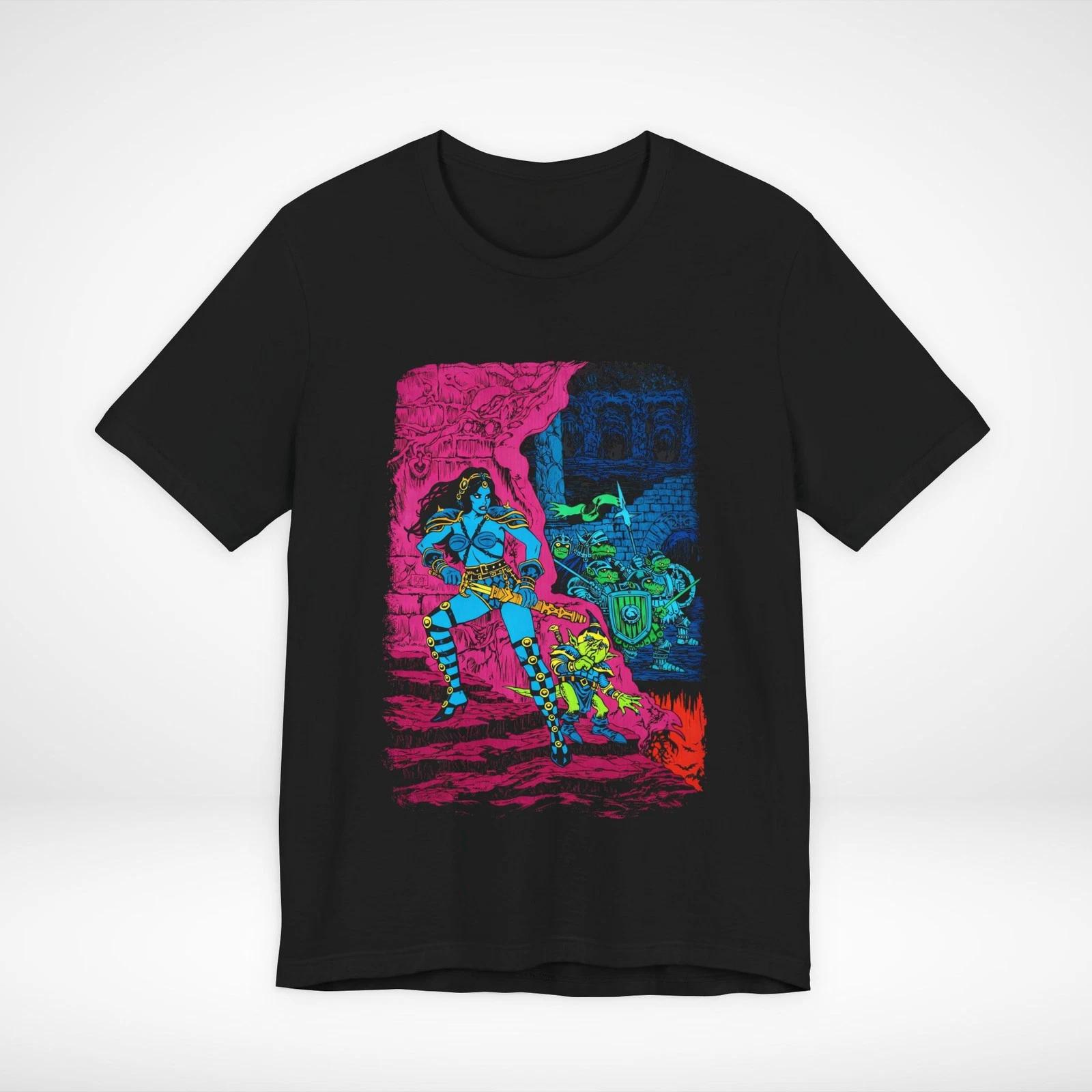 Fantasy Warrior Goblin Battle Graphic Tee Retro Comic Style Shirt Unisex L