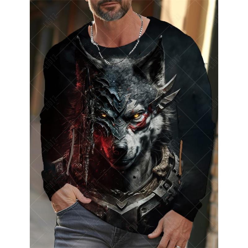 Men's T Shirts Vintage Animal Wolf Long Sleeve Tops Autumn Sweatshirt Graphic Casual Hip Hop Fashion Clothing O-neck T-shirts