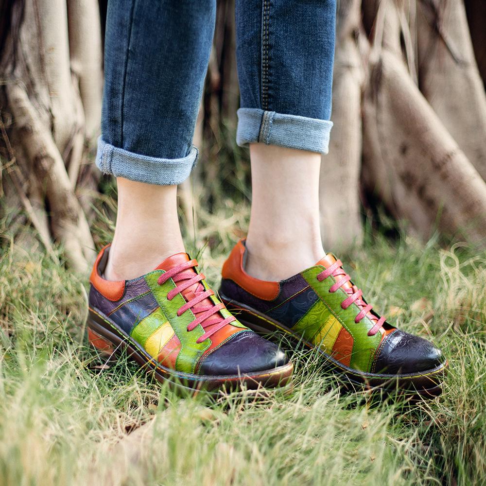 Fashion GKTINOO Genuine Leather Mixed Colors Luxury Designer Women Shoes Sheepskin Low Heel Pumps Lace Up Ladies Shoes Plus Size