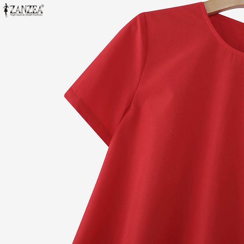 ZANZEA Women Casual Round Neck Short Sleeve Asymmetrical Hem Blouse