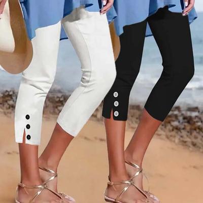 Calças Cropped de Verão Femininas Cintura Elástica Justas Moda Sexy Abotoadas Casuais