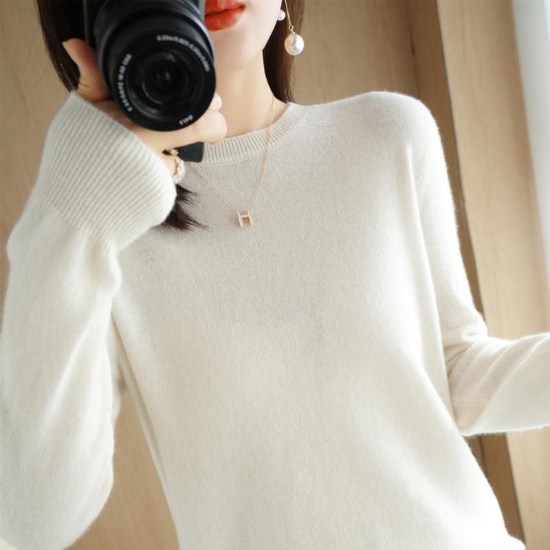 Women's Slim-Fit Round Neck Knitted Pullover, Long Sleeve, Base Layer for Spring/Autumn 2023, Non-Cashmere Top