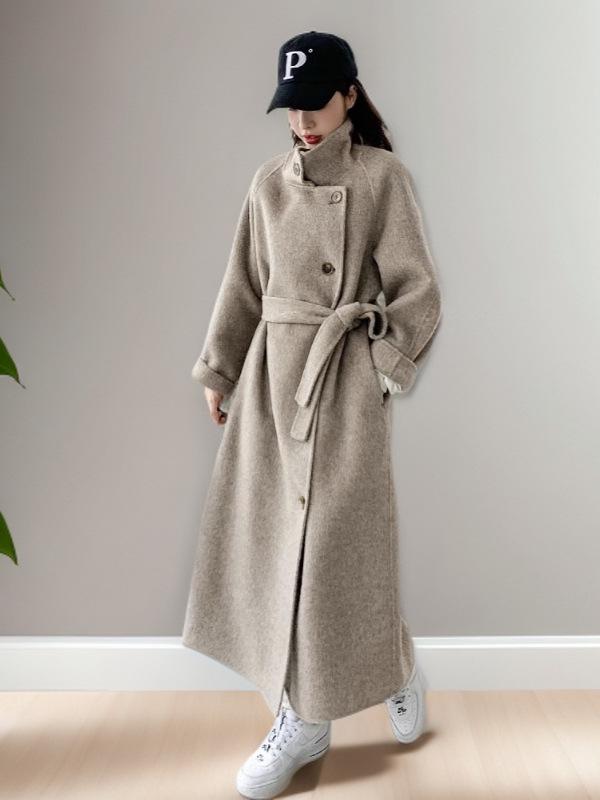 Dámský kašmírový vlněný kabát oboustranný ve stylu korejského stojáčku, jednořadé zapínání, luxusní pro podzim/zimu 2025