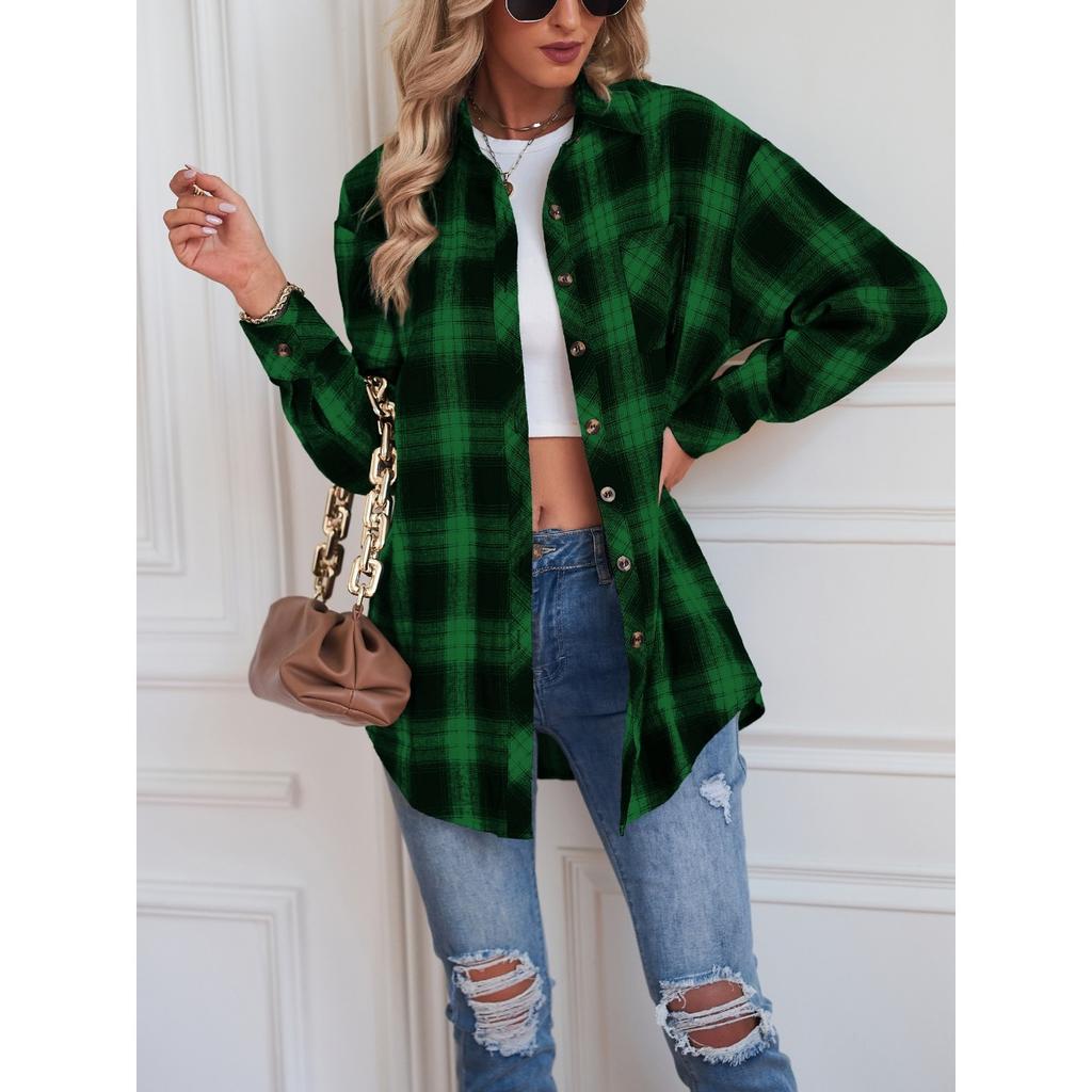 Autumn Winter Women's Plaid Shirt, Lapel Long Sleeve Loose Casual Blouse, European American Style Fashion Top