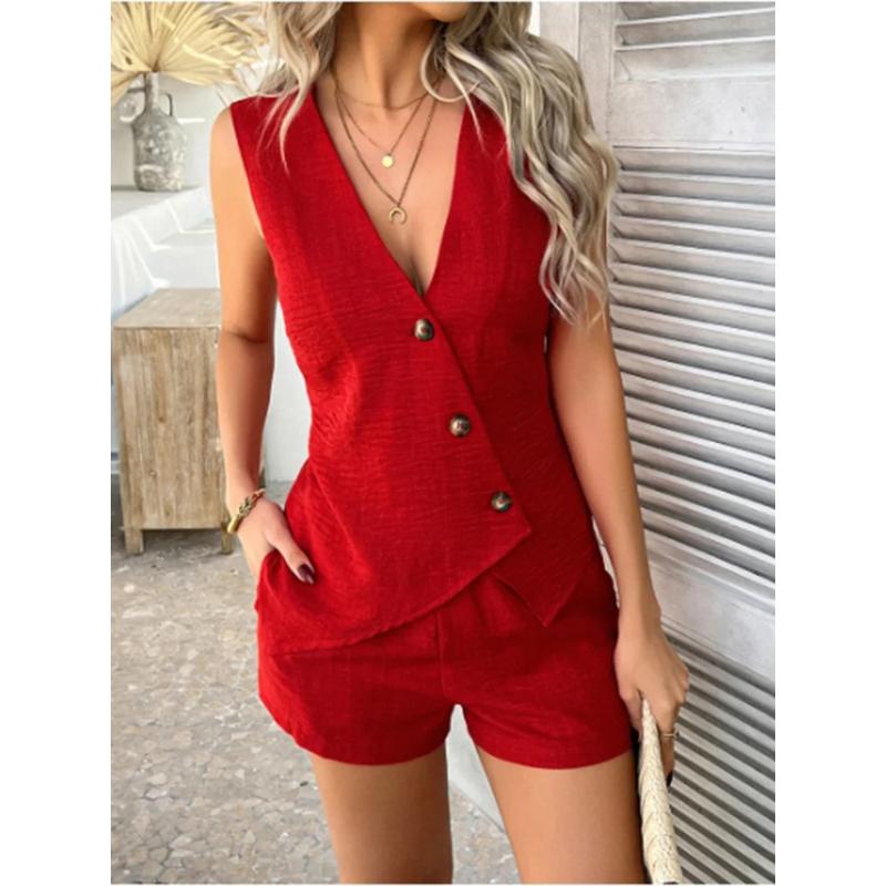 

Sleeveless Solid Color Vest Cardigan Button Up Women s Top Daily Casual Elegant Commuting Style Summer Set 2XL червоний