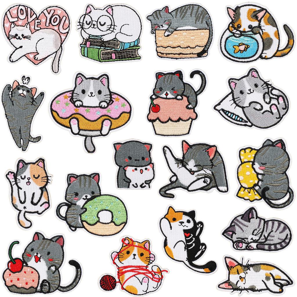 Cute Cat Family Embroidery Cloth Sticker Ironing Patch Sticker Computer Embroidery Label Cartoon Flower Cat Embroidery Sticker Kitten
