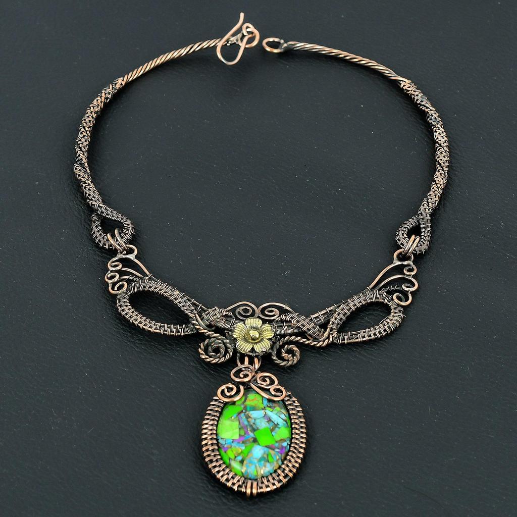 Kingman Fiesta Turquoise Handmade Gemstone Necklace, 999 Copper Wire Wrapped Necklace Antique Jewelry, For Engagement Gift