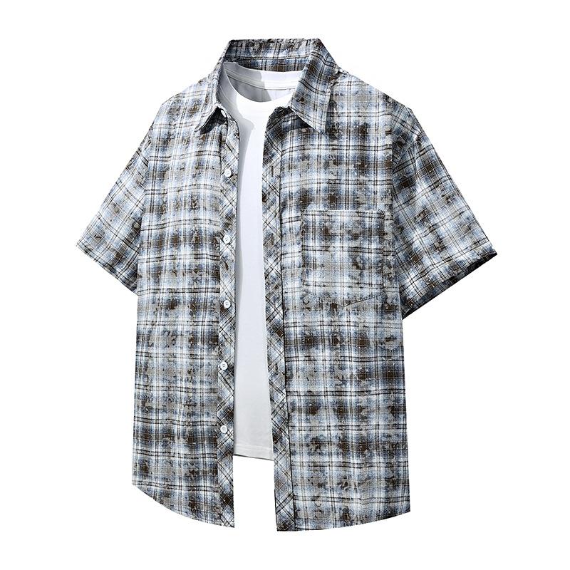 

Vintage Contrasting Plaid Short Sleeved Shirt for Spring and Summer, Loose Fitting Couple s Shirt S чорний