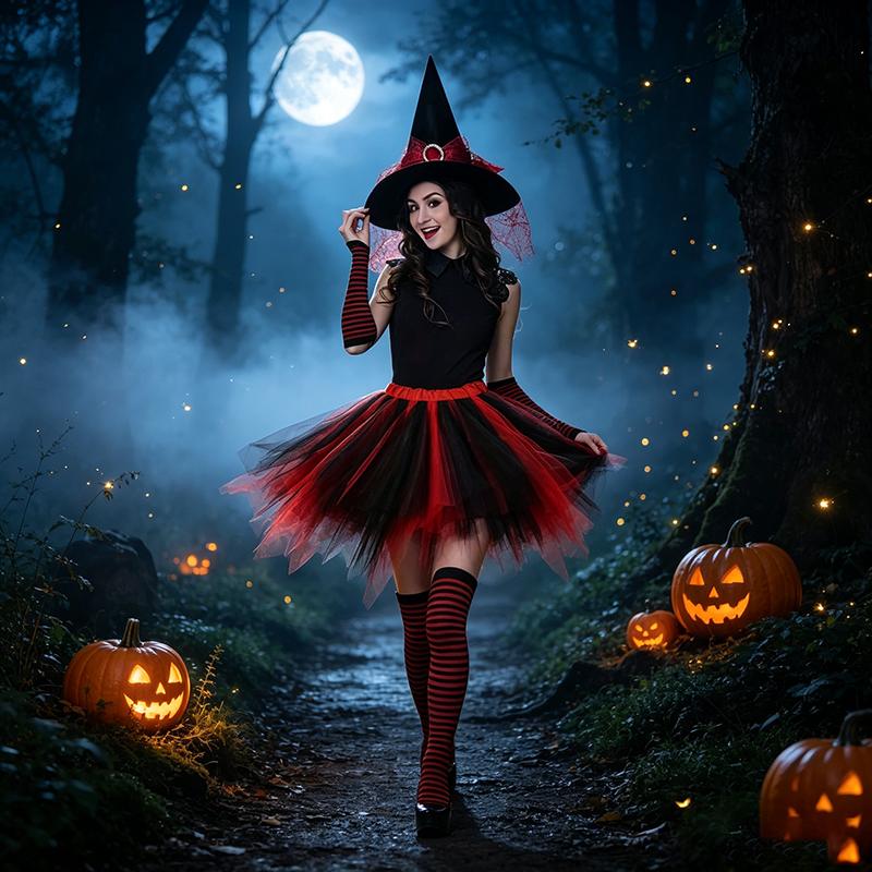 Costume da Strega di Halloween per Donna Adulta Gonna Tutù in Tulle con Cappello da Strega Calze a Righe Set da Strega Fantasia per Festa in Maschera