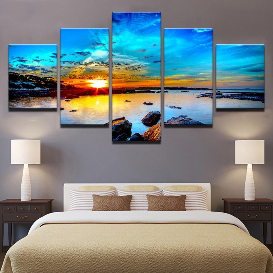 5 Stück Bedrucktes Modulares Bild Leinwandmalerei Gehen Blauer Himmel Küste Sonnenaufgang Meeresriff Landschaftsposter Wandkunst Wohnzimmer Dach