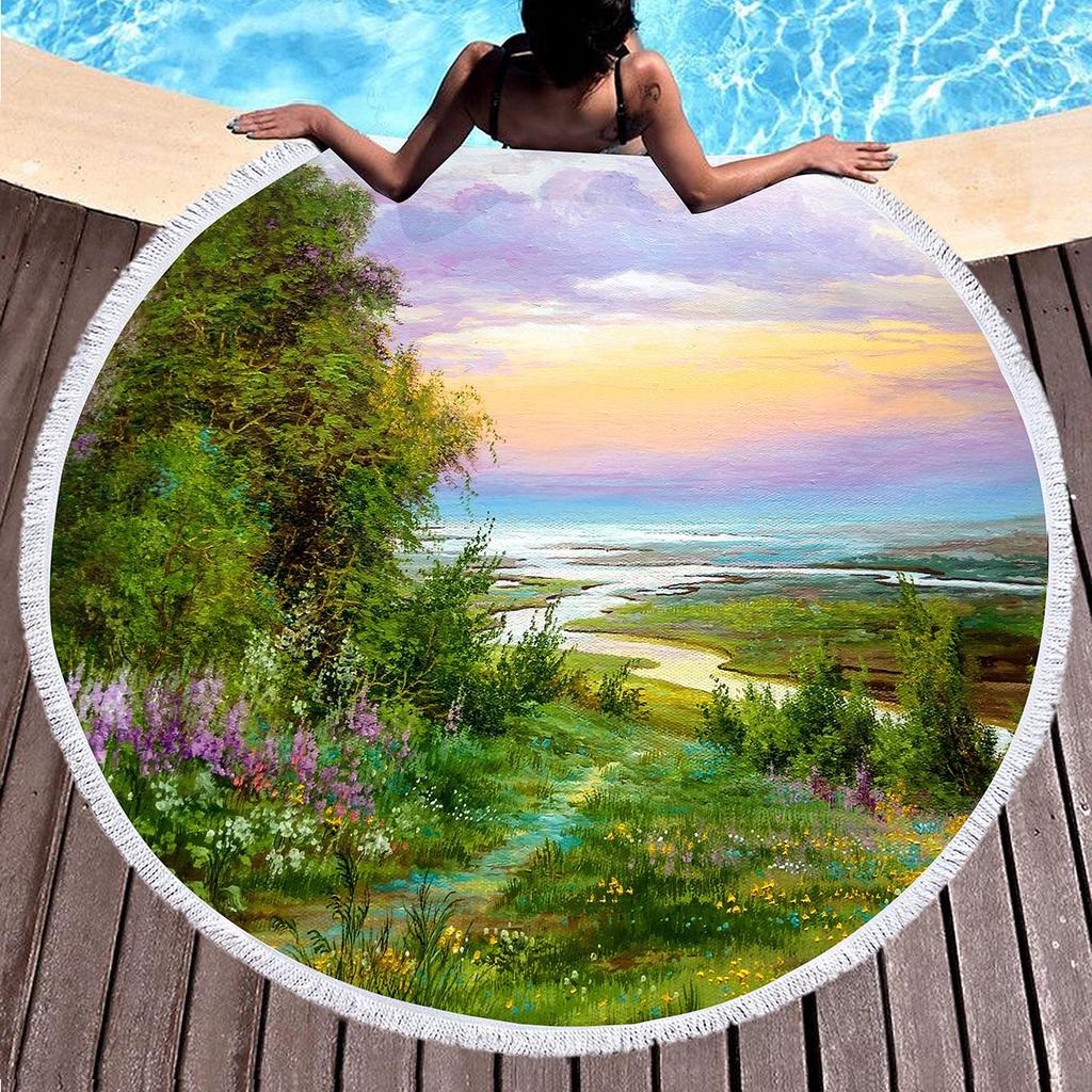 Landscape Art Oil Painting Round Beach Blanket Water Absorbent And Quick Drying Polyester Beach Towel Pool Towel Picnic Blanket
