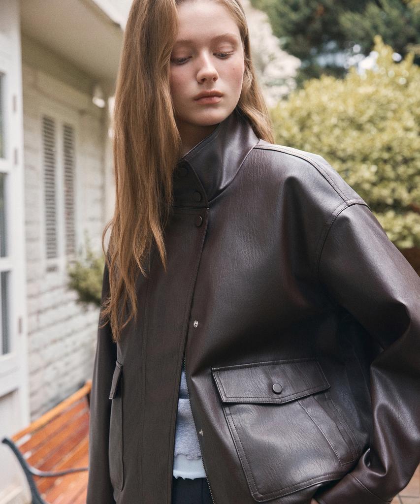 ROEM High-Neck Oversized Faux Leather Jacket Rmjkg49R11