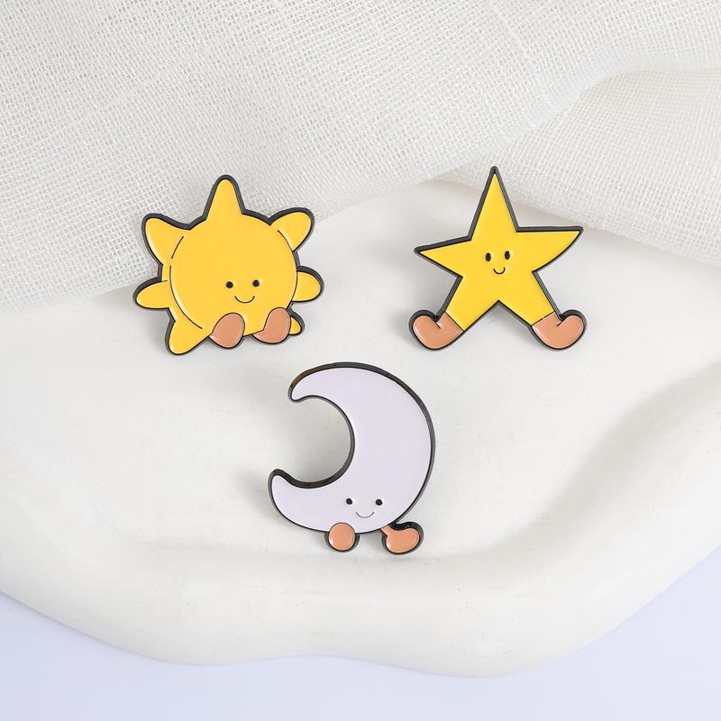 Sun Moon Star Enamel Pins Cartoon Kawaii Smiling Space Brooches Lapel Badges Cute Celestial Design Jewelry Gift for Kids Friends