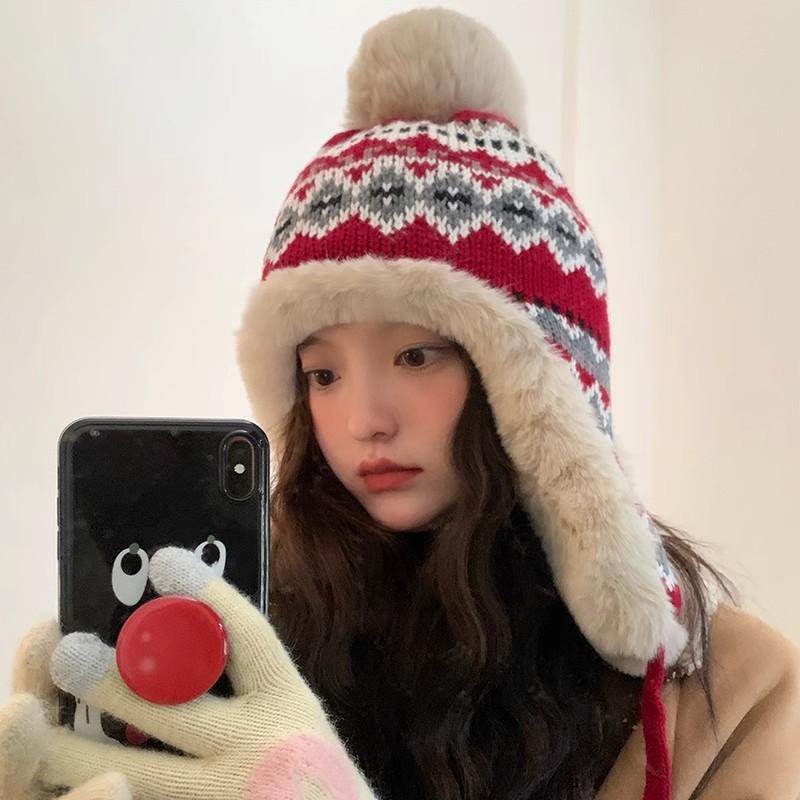 

Hat Women s Winter New Striped Plush Riding Cold Protection Ear Protection Versatile Baotou Hat one size fits all бежевий