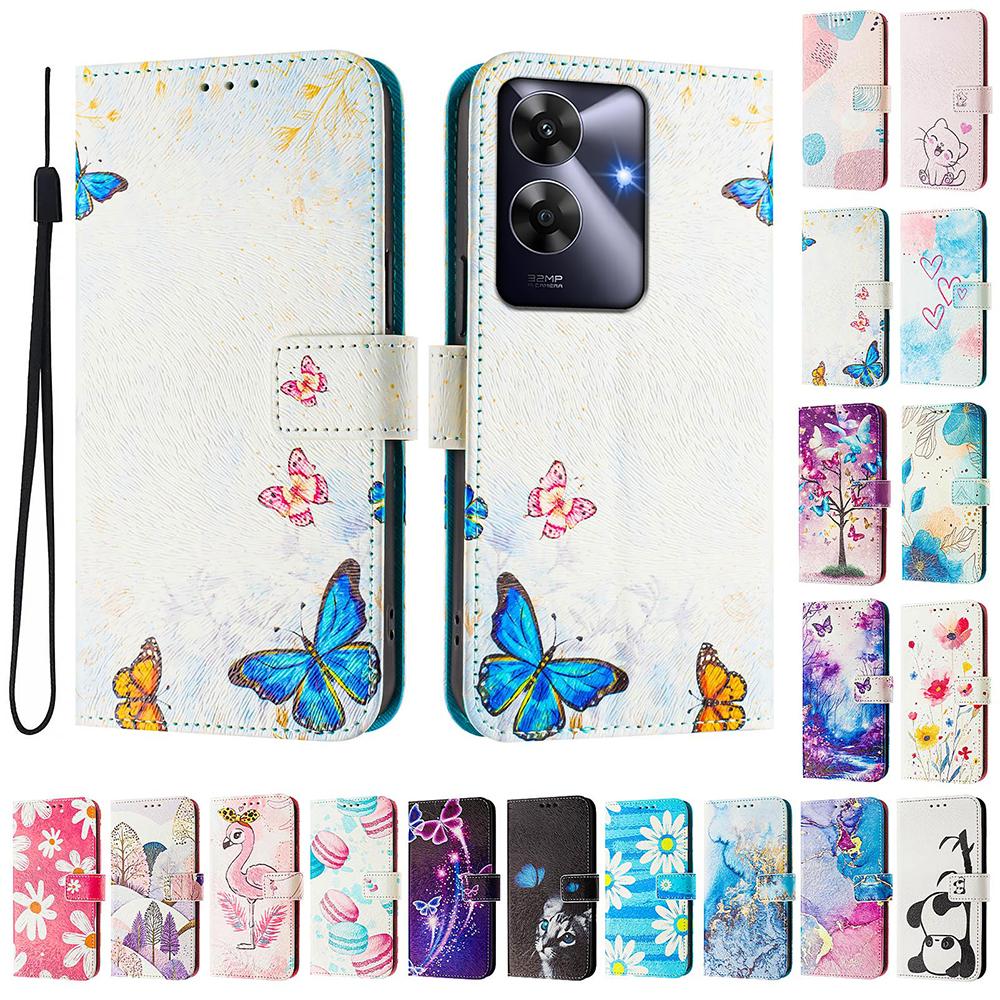 Coloured Drawing Wallet Case for OPPO A3 A3X A18 A38 A40 A60 A80 Reno 12 11 Pro 12F 11F Shockproof Stand Strap Flip Phone Cover