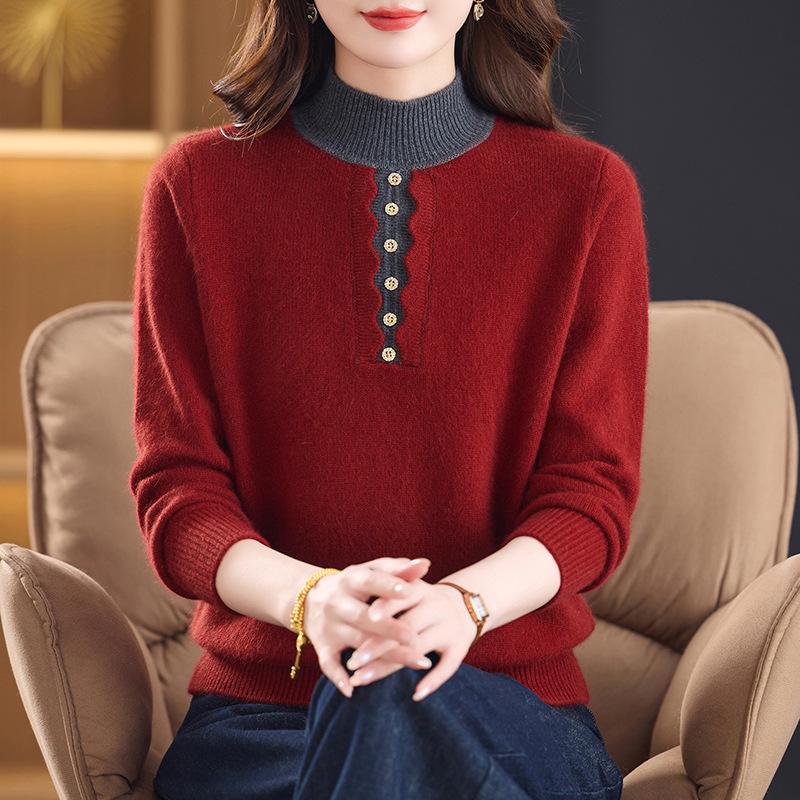 Women's Color Block Plush Wool Sweater with Half-High Collar - Loose, Slimming, Thick Knit Top for Middle-Aged and Elderly Mothers