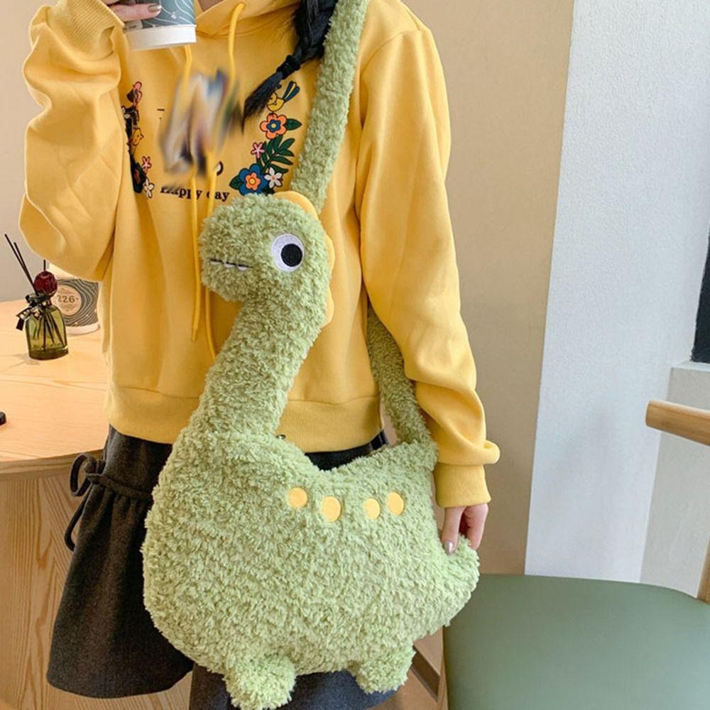 Solid Color Cartoon Crossbody Bag Plush Shoulder Bags Portable Long Neck Dinosaur Bag  Travel
