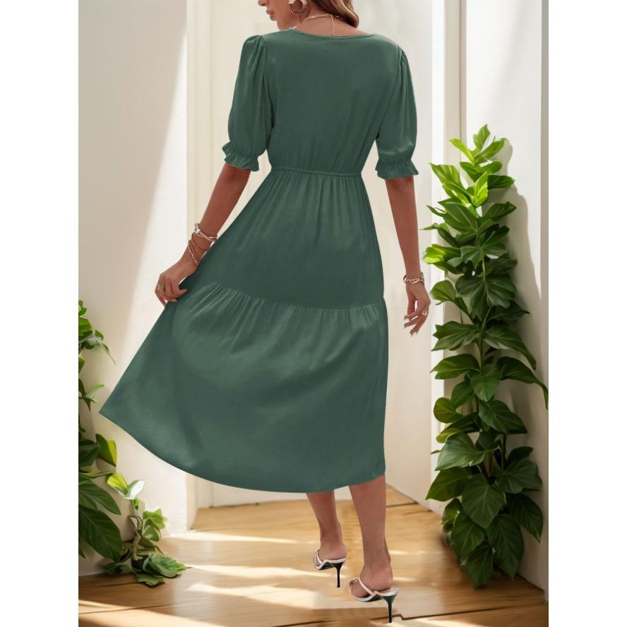 YYFS Women's Fashion Summer Spring Solid Color Print Short Sleeve V-Neck High Waist Casual Dresses