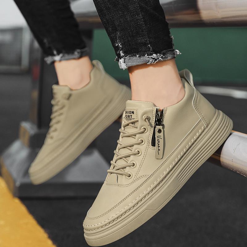 Fashionable zippered leather shoes, comfortable sports shoes, one foot high top leather casual flat ankle boots, men's shoes