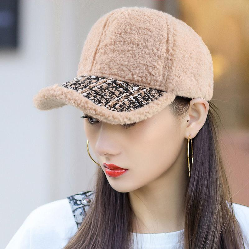 Ladies hat peaked cap autumn and winter small fragrant style lamb wool thickened warm baseball cap solid color versatile casual versatile