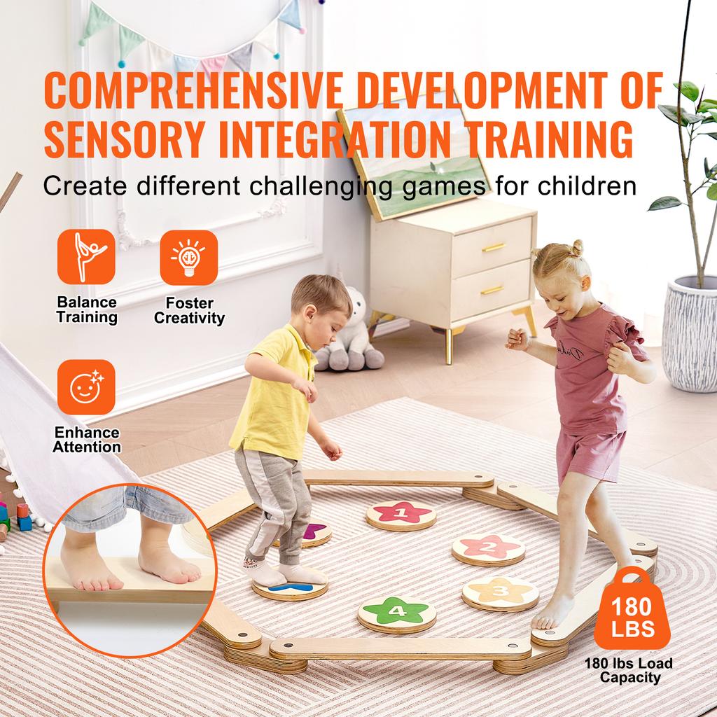SucceBuy 6PCS Kids Balance Beam Stepping Stones Wooden Toddler Balance Boards Indoor/Outdoor Montessori Toy for Children Gifts