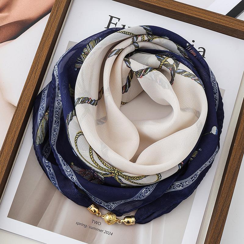 Sciarpa Quadrata in Seta Chiffon con Fibbia Magnetica di Lusso per Donna, Protezione per il Collo, Sciarpe alla Moda per l'Estate