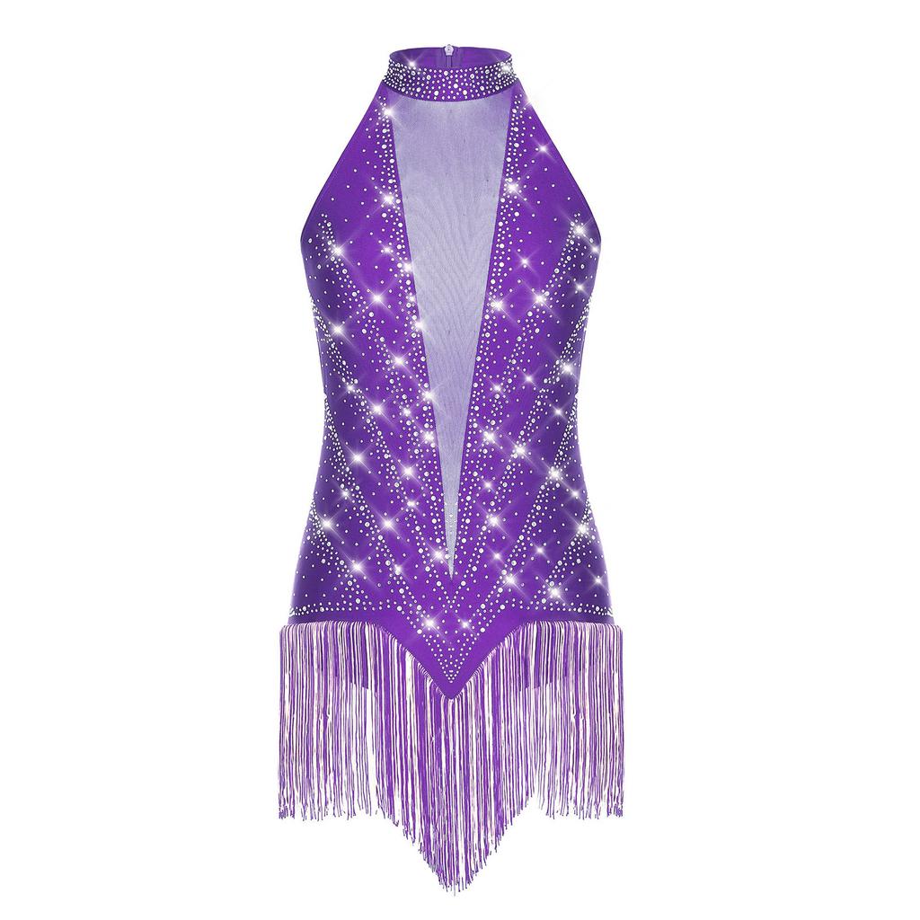 Damen Latein Tanz Trikot Ärmellos Transparentes Mesh Patchwork Glänzende Strasssteine Fransen Body Tango Kostüm
