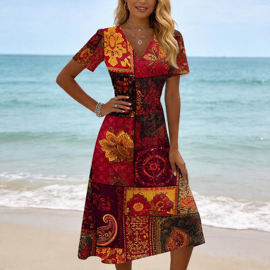 Women’s Casual Vintage Floral Print Short Sleeve V Neck Midi Dress Relaxed Fit Lightweight Summer Dress for Daily Wear