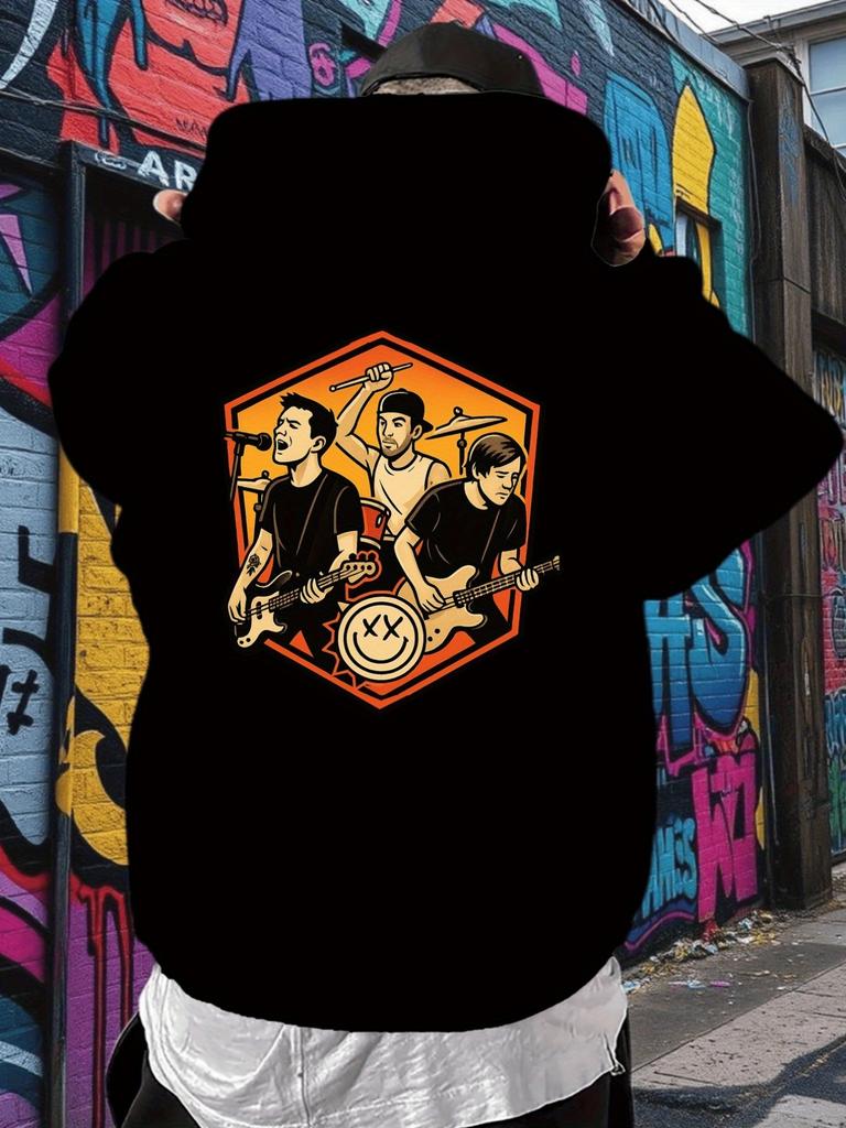 Rock Band Graphic Hoodie - Pullover Sweatshirt with Guitarist & Drummer Print