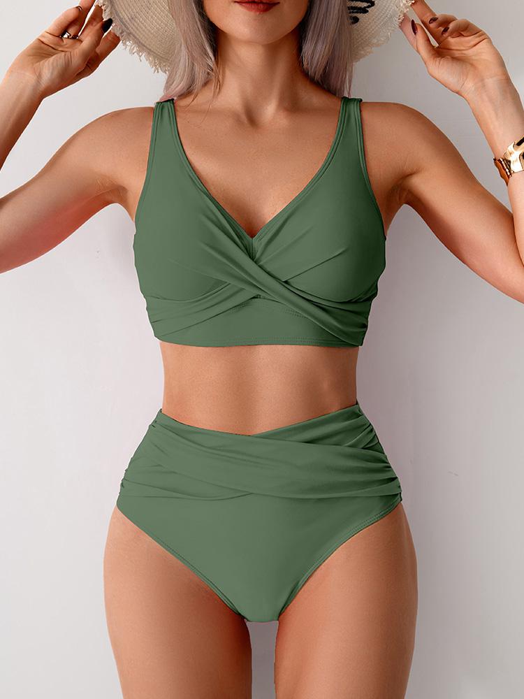 Sexy High Waist V Neck Bikini 2 Piece Set Women Split Swimsuit Beach Backless Bikini 2025 New Summer Swimwea Bikini Set