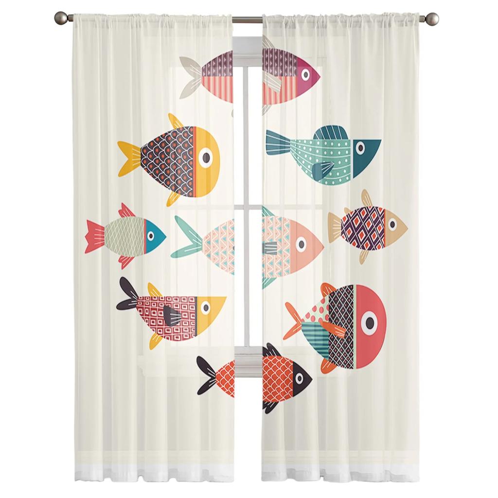 Cartoon Fish Tulle Sheer Window Curtains for Living Room Kitchen Children Bedroom Voile Hanging Curtain