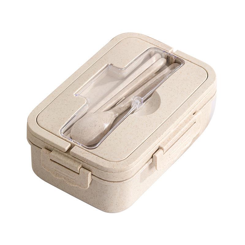 Japanese-style lunch box with handle microwave-safe plastic bento box beige color