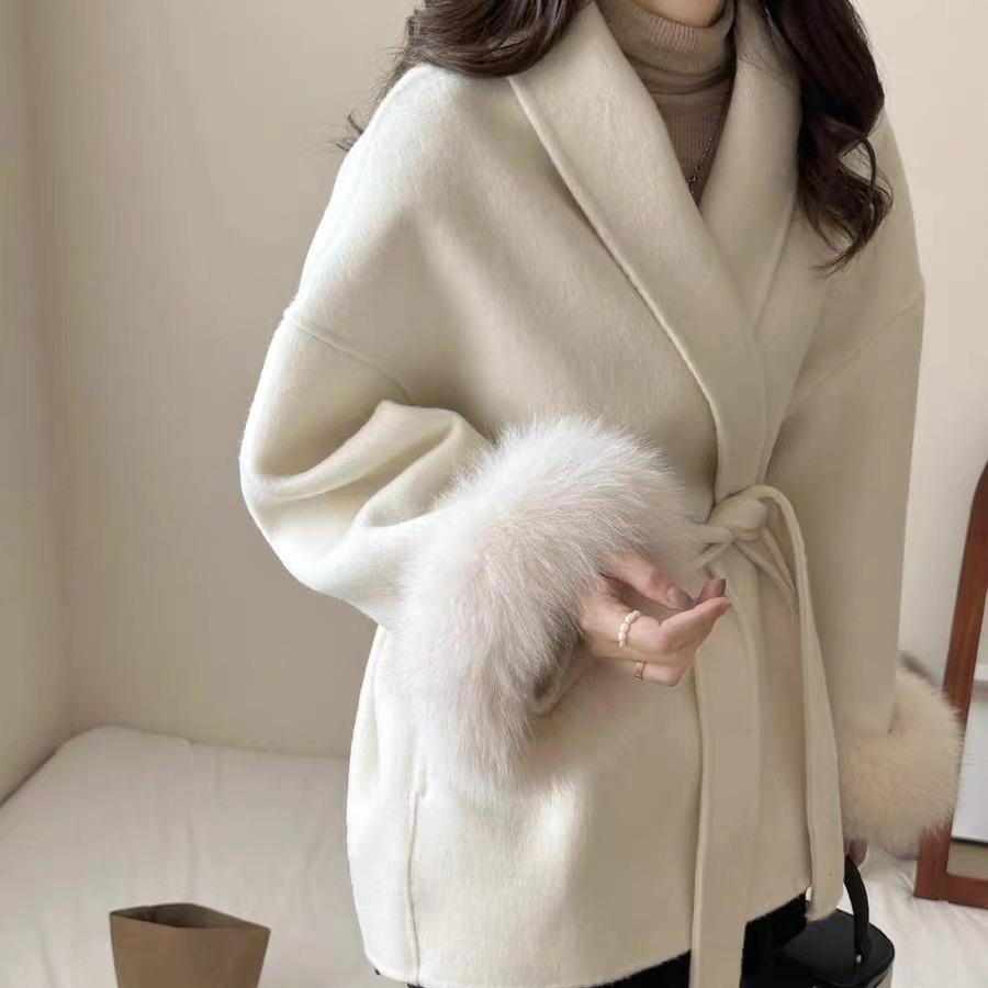 Fox Fur Cuff Woolen Coat - Women's Winter Slimming Style