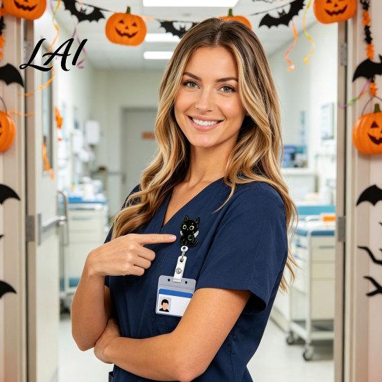 Acrylic Name Tag Holder Halloween Black Cat Pumpkin Badge Reel Retractable with 360 Degree Rotating Clip Clip Decorative Reel for ID Card And Nurse