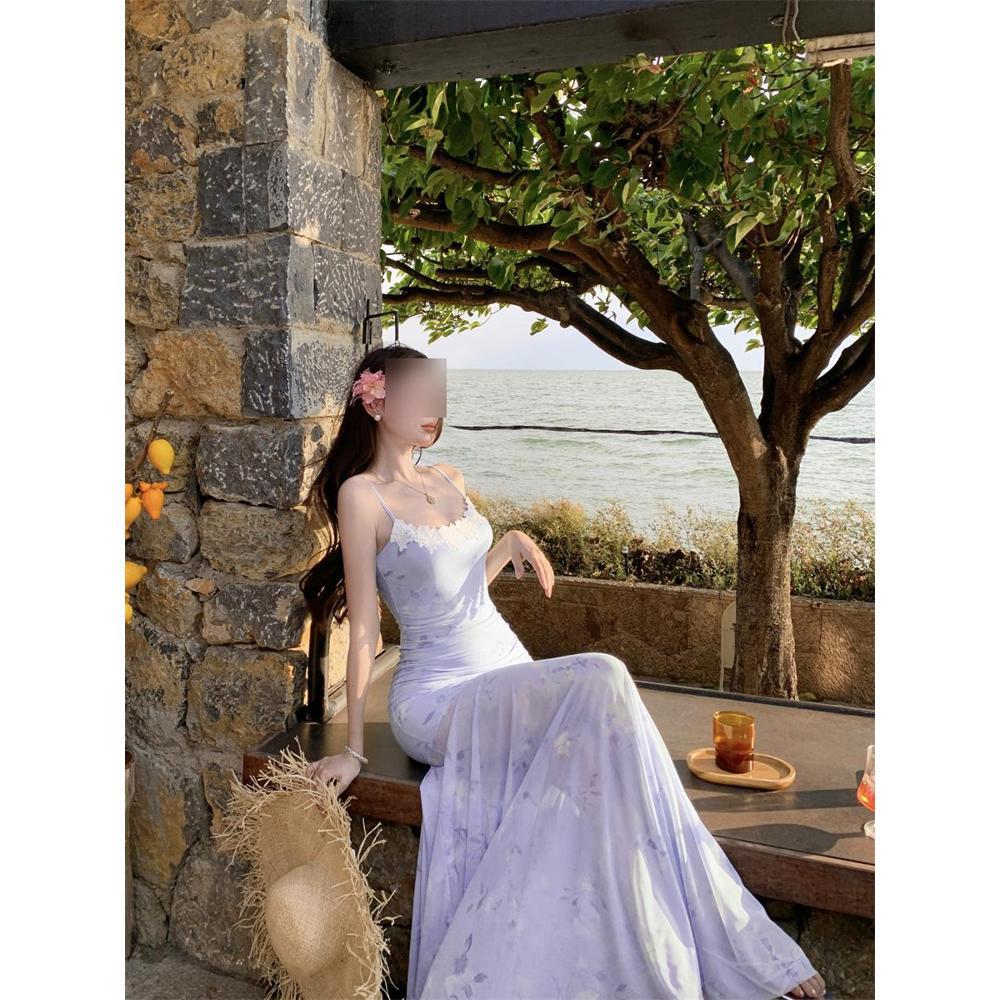 

Blue lace splicing printed mesh suspender skirt seaside vacation hip wrap dress S- (can be worn within 45kg) лавандовий