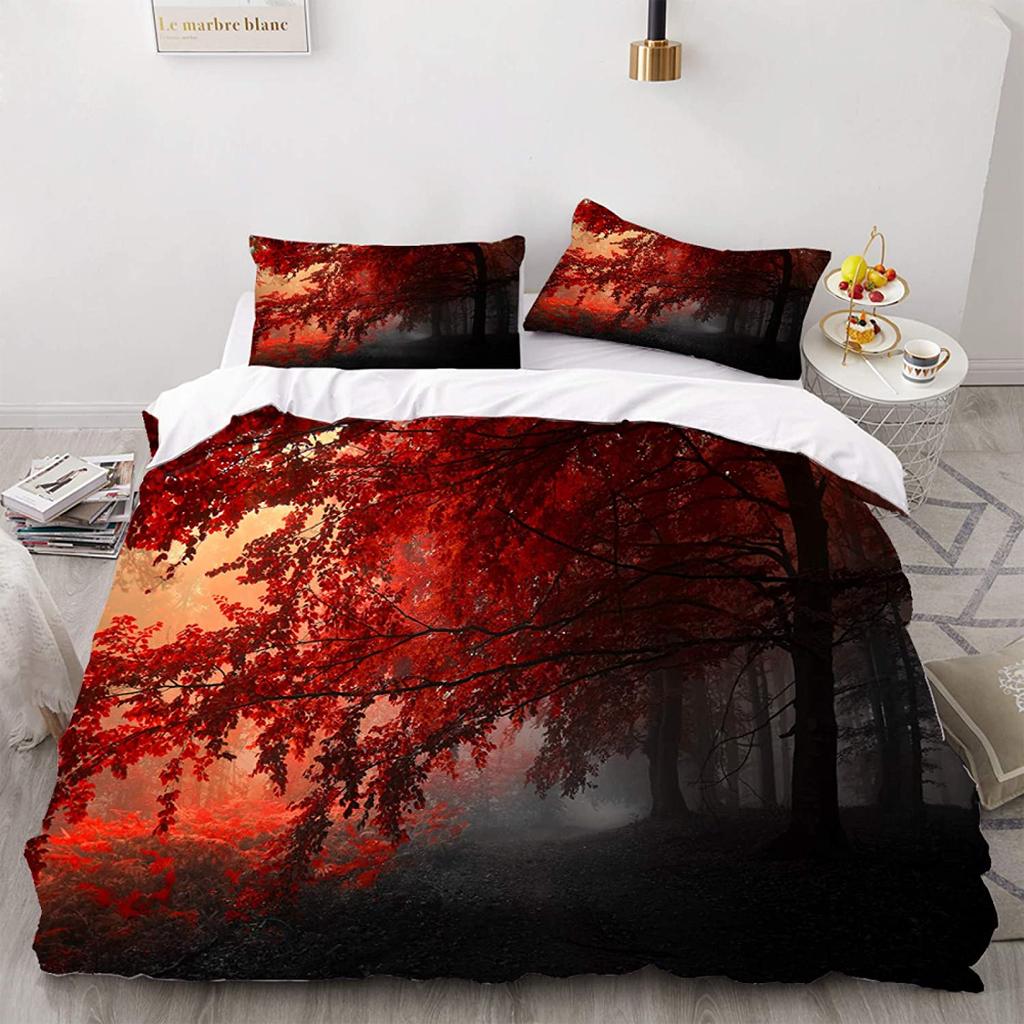 Maple Leaves Polyester Duvet Cover Set Fall Theme Comforter Cover With Pillowcase King Queen Size For Kids Boys Girl Bedding Set
