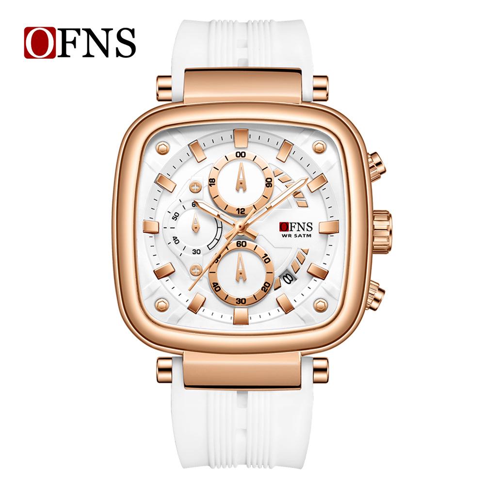 OFNS Men's Square Quartz Chronograph Watch: Luminous, Waterproof, Six-Hand Design, with Calendar for Casual or Commuter Wear.